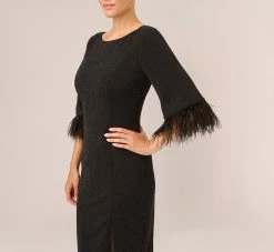 Adrianna Papell Metallic Knit Sheath Dress With Feather Trim Sleeves In Black 9 Adrianna Papell Metallic Knit Sheath Dress With Feather Trim Sleeves In Black -Adrianna Papell Shop AP1D105126 AA002 Regular Detail