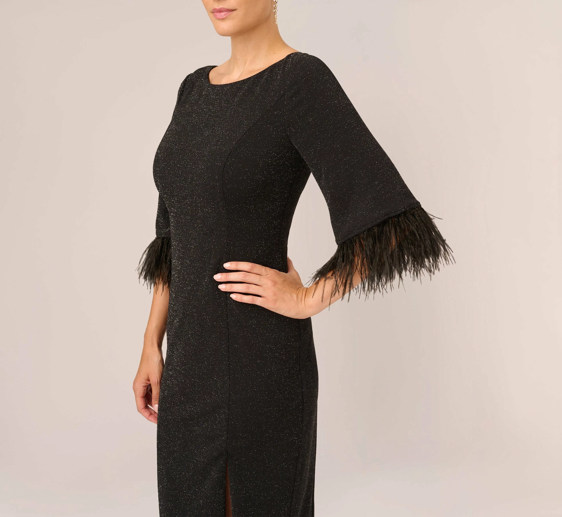 Adrianna Papell Metallic Knit Sheath Dress With Feather Trim Sleeves In Black 3 Adrianna Papell Metallic Knit Sheath Dress With Feather Trim Sleeves In Black - Image 3