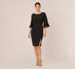 Adrianna Papell Metallic Knit Sheath Dress With Feather Trim Sleeves In Black 12 Adrianna Papell Metallic Knit Sheath Dress With Feather Trim Sleeves In Black -Adrianna Papell Shop AP1D105126 AA002 Regular Front