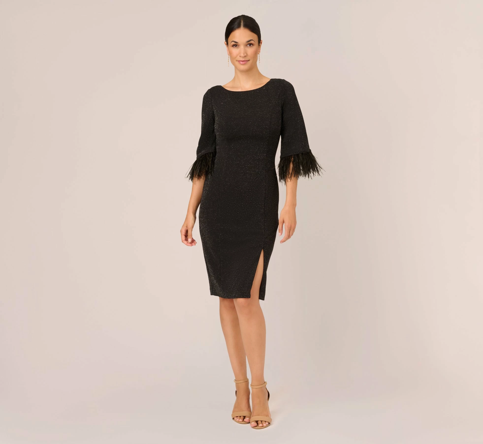 Adrianna Papell Metallic Knit Sheath Dress With Feather Trim Sleeves In Black 6 Adrianna Papell Metallic Knit Sheath Dress With Feather Trim Sleeves In Black - Image 6