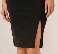 Adrianna Papell Metallic Knit Sheath Dress With Feather Trim Sleeves In Black 11 Adrianna Papell Metallic Knit Sheath Dress With Feather Trim Sleeves In Black -Adrianna Papell Shop AP1D105126 AA002 Regular Lifestyle