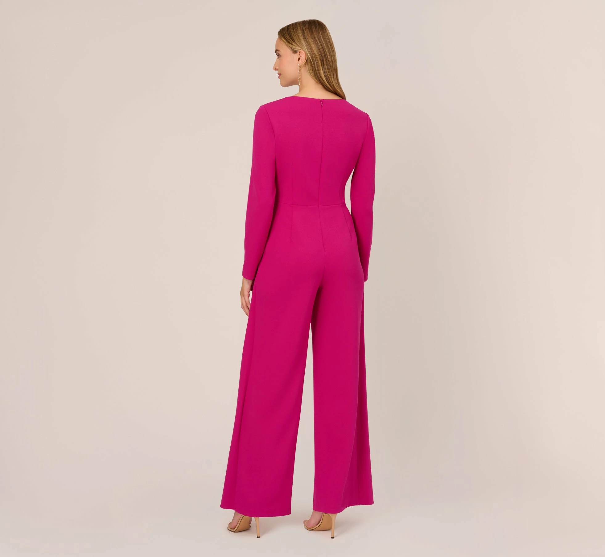 Adrianna Papell Long Sleeve Crepe Jumpsuit With Tie Front In Hot Orchid 5 Adrianna Papell Long Sleeve Crepe Jumpsuit With Tie Front In Hot Orchid - Image 5