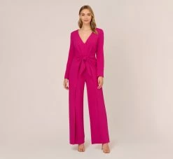 Adrianna Papell Long Sleeve Crepe Jumpsuit With Tie Front In Hot Orchid