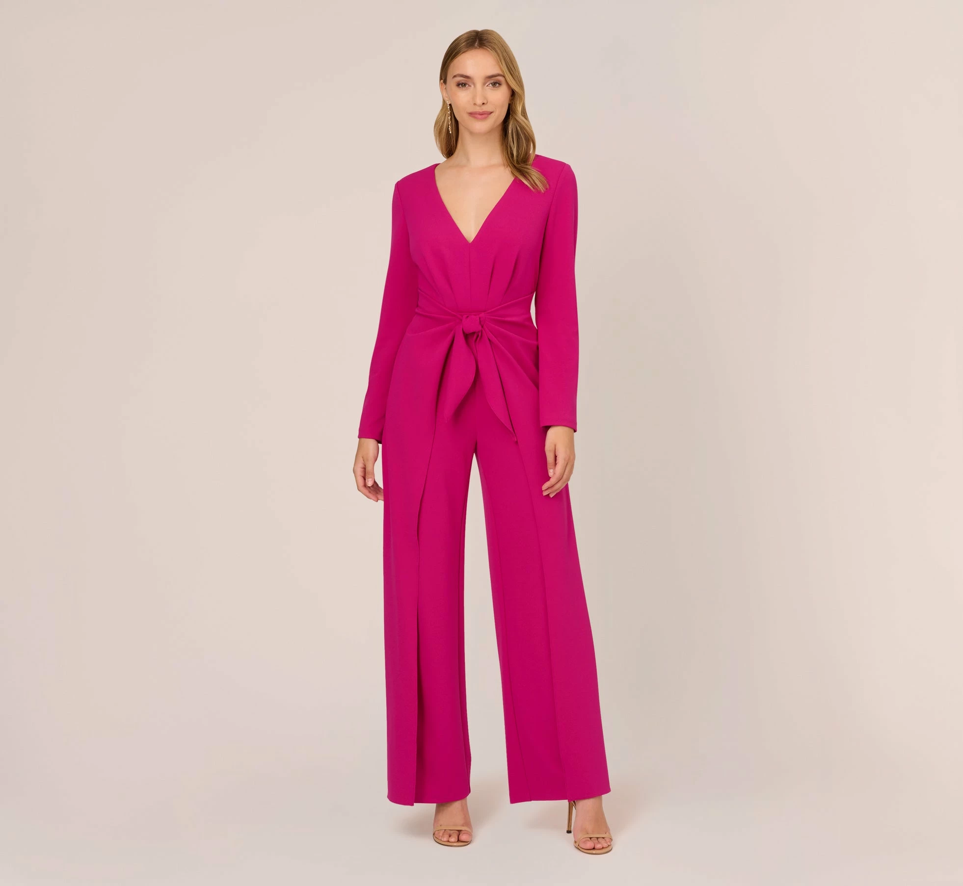 Adrianna Papell Long Sleeve Crepe Jumpsuit With Tie Front In Hot Orchid 1 Adrianna Papell Long Sleeve Crepe Jumpsuit With Tie Front In Hot Orchid