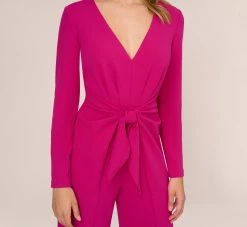 Adrianna Papell Long Sleeve Crepe Jumpsuit With Tie Front In Hot Orchid 9 Adrianna Papell Long Sleeve Crepe Jumpsuit With Tie Front In Hot Orchid -Adrianna Papell Shop AP1D105130 BA670 Regular Lifestyle