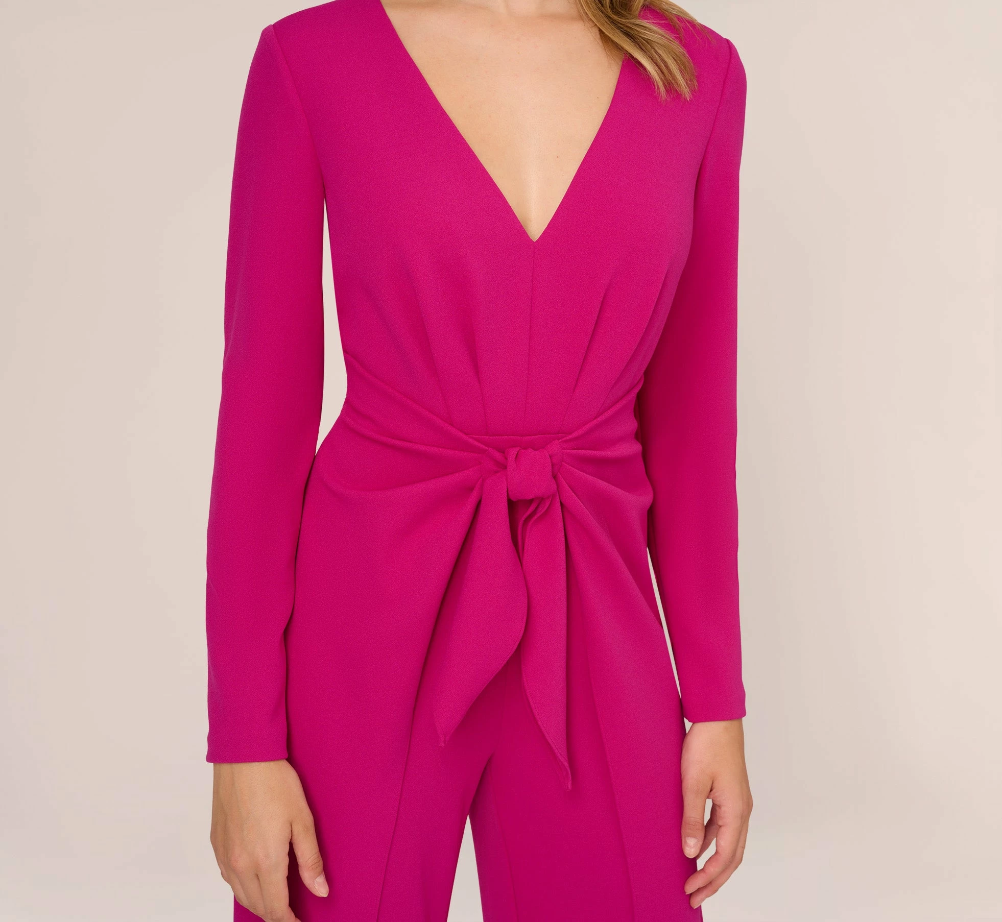 Adrianna Papell Long Sleeve Crepe Jumpsuit With Tie Front In Hot Orchid 4 Adrianna Papell Long Sleeve Crepe Jumpsuit With Tie Front In Hot Orchid - Image 4