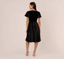 Adrianna Papell Short Sleeve Velvet Pleated Midi Dress In Black -Adrianna Papell Shop AP1D105134 AA002 Regular Back