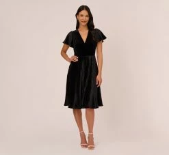 Adrianna Papell Short Sleeve Velvet Pleated Midi Dress In Black