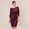 Adrianna Papell Metallic Burnout Velvet Dress With Shirred Details In Black Violet