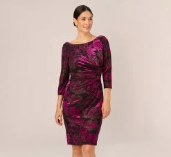 Adrianna Papell Metallic Burnout Velvet Dress With Shirred Details In Black Violet