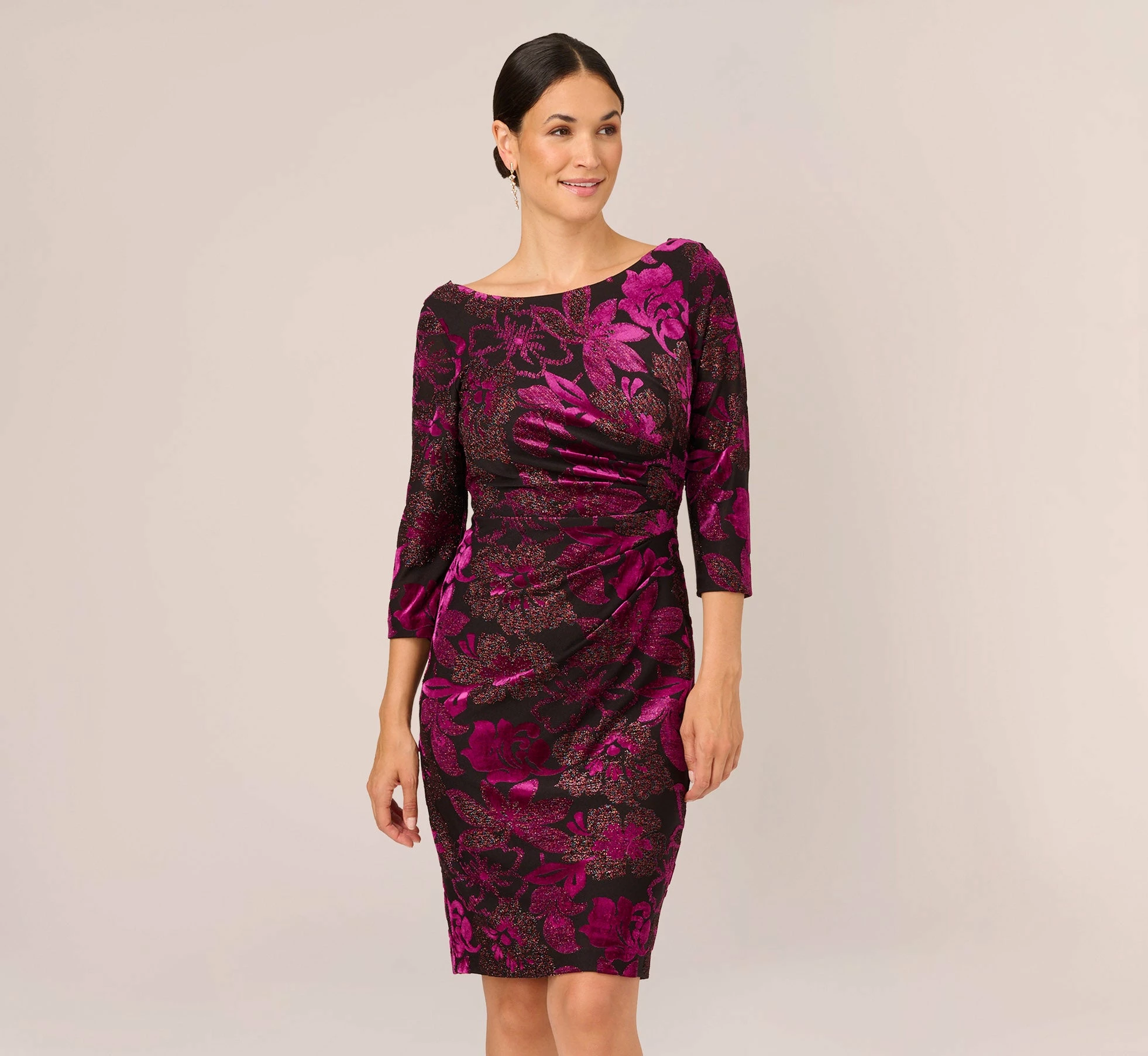 Adrianna Papell Metallic Burnout Velvet Dress With Shirred Details In Black Violet 1 Adrianna Papell Metallic Burnout Velvet Dress With Shirred Details In Black Violet