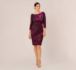 Adrianna Papell Metallic Burnout Velvet Dress With Shirred Details In Black Violet 12 Adrianna Papell Metallic Burnout Velvet Dress With Shirred Details In Black Violet -Adrianna Papell Shop AP1D105146 AD505 Regular Front