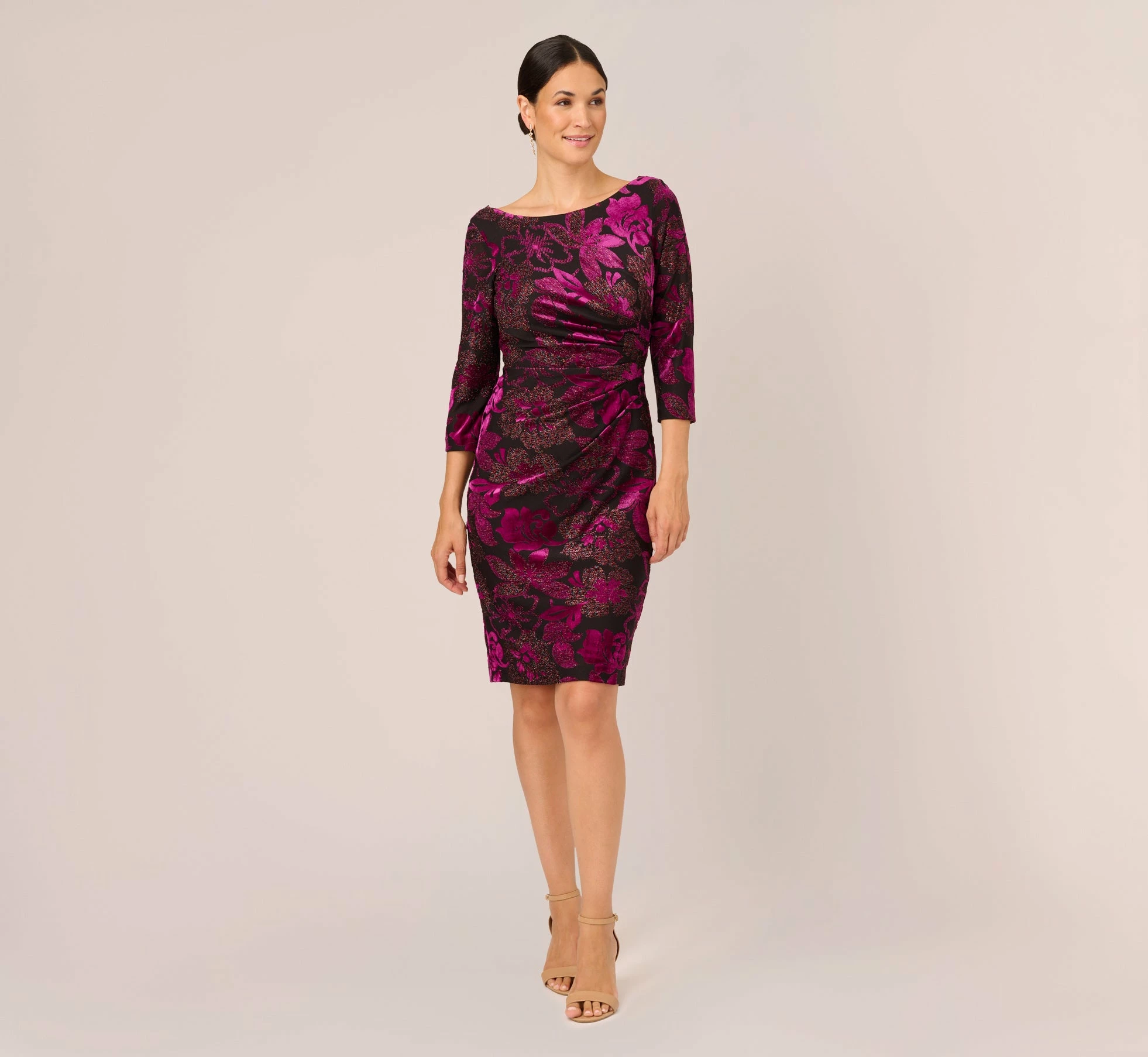 Adrianna Papell Metallic Burnout Velvet Dress With Shirred Details In Black Violet 6 Adrianna Papell Metallic Burnout Velvet Dress With Shirred Details In Black Violet - Image 6
