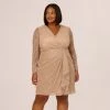 Adrianna Papell Plus Size Metallic Long Sleeve Dress With Draped Details In Light Gold