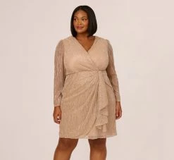 Adrianna Papell Plus Size Metallic Long Sleeve Dress With Draped Details In Light Gold