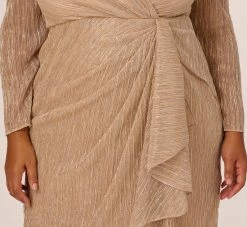 Adrianna Papell Plus Size Metallic Long Sleeve Dress With Draped Details In Light Gold -Adrianna Papell Shop AP1D105147 AA267 Plus Detail