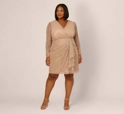 Adrianna Papell Plus Size Metallic Long Sleeve Dress With Draped Details In Light Gold -Adrianna Papell Shop AP1D105147 AA267 Plus Front