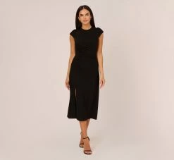 Adrianna Papell Jersey Midi Dress With Cap Sleeves In Black