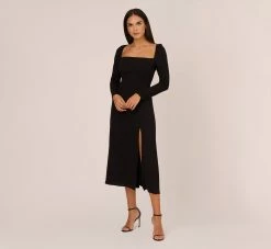 Adrianna Papell Long Sleeve Midi Dress With Tie-Back In Black