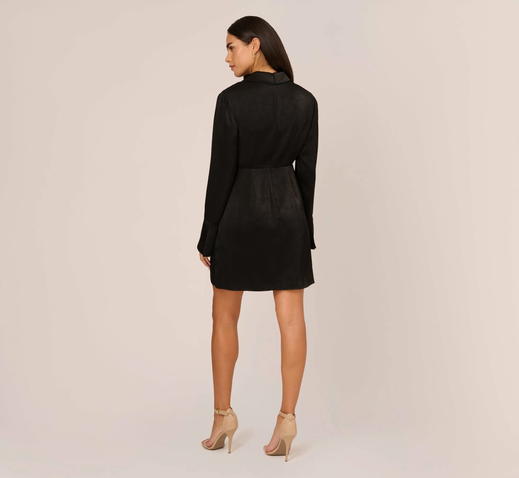 Adrianna Papell Satin Faux Wrap Dress With Long Sleeves In Black 4 Adrianna Papell Satin Faux Wrap Dress With Long Sleeves In Black - Image 4