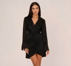 Adrianna Papell Satin Faux Wrap Dress With Long Sleeves In Black