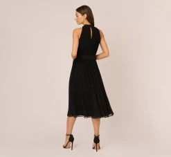 Adrianna Papell Pleated Sleeveless Chiffon Dress With Tie Waist In Black -Adrianna Papell Shop AP1D105165 AA002 Regular Back