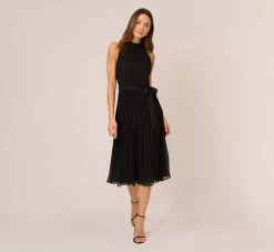 Adrianna Papell Pleated Sleeveless Chiffon Dress With Tie Waist In Black