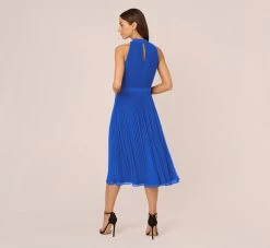 Adrianna Papell Pleated Sleeveless Chiffon Dress With Tie Waist In Dark Cobalt -Adrianna Papell Shop AP1D105165 AT401 Regular Back