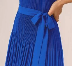 Adrianna Papell Pleated Sleeveless Chiffon Dress With Tie Waist In Dark Cobalt -Adrianna Papell Shop AP1D105165 AT401 Regular Lifestyle
