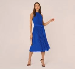 Adrianna Papell Pleated Sleeveless Chiffon Dress With Tie Waist In Dark Cobalt