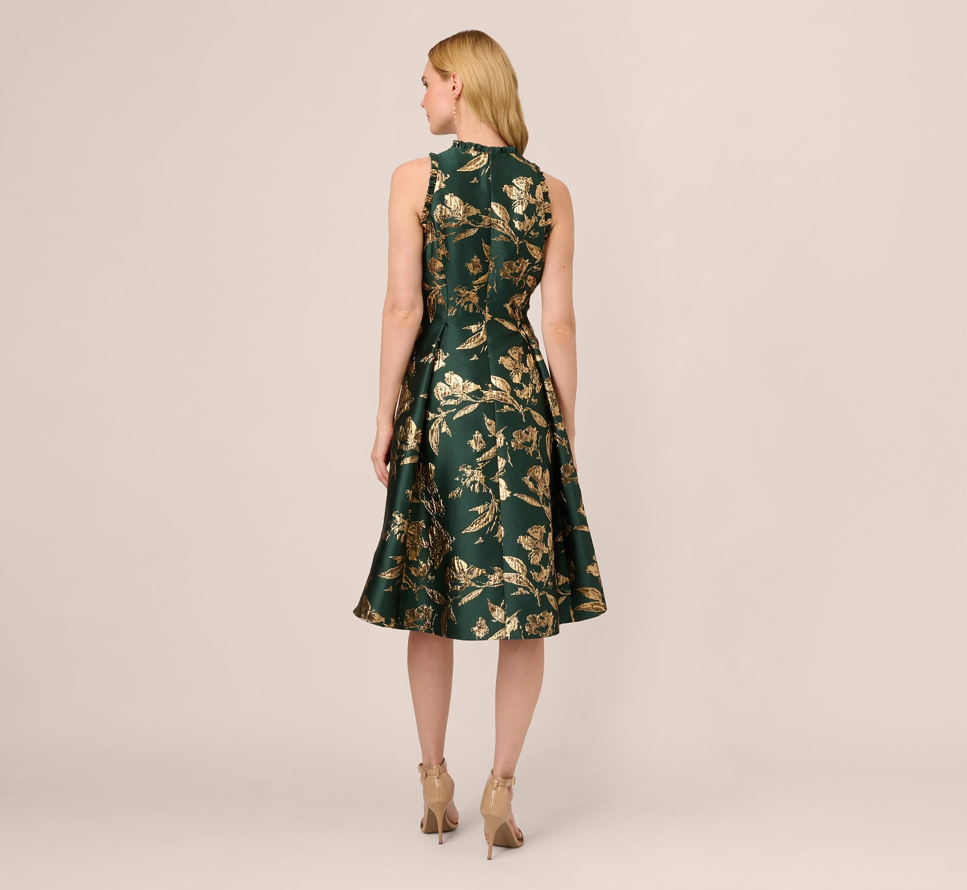 Adrianna Papell Metallic Jacquard High Low Dress With Ruffle Details In Hunter 4 Adrianna Papell Metallic Jacquard High Low Dress With Ruffle Details In Hunter - Image 4