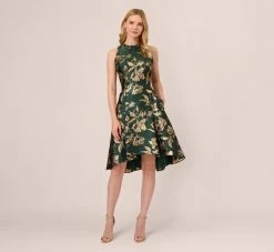 Adrianna Papell Metallic Jacquard High Low Dress With Ruffle Details In Hunter