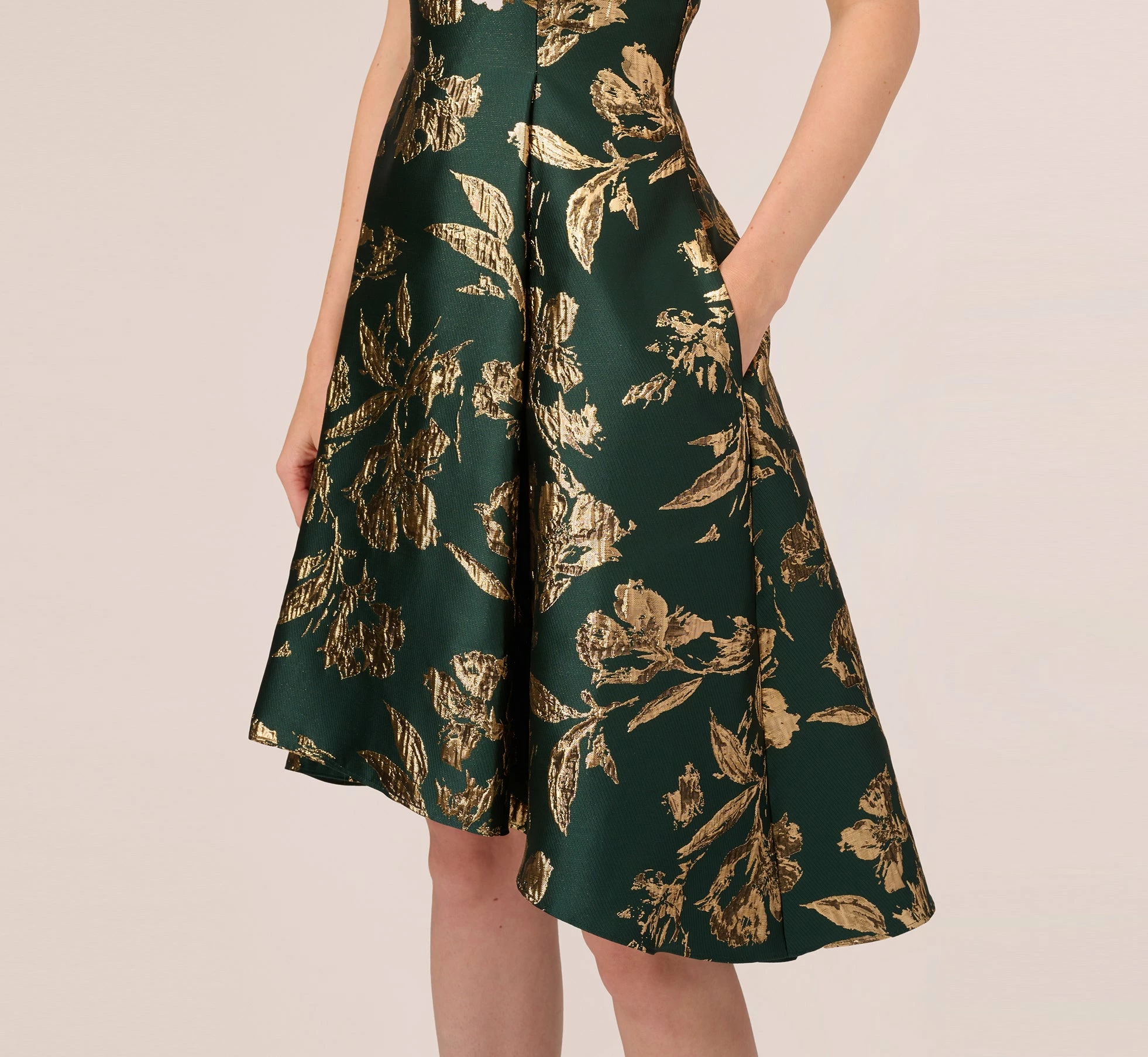 Adrianna Papell Metallic Jacquard High Low Dress With Ruffle Details In Hunter 5 Adrianna Papell Metallic Jacquard High Low Dress With Ruffle Details In Hunter - Image 5