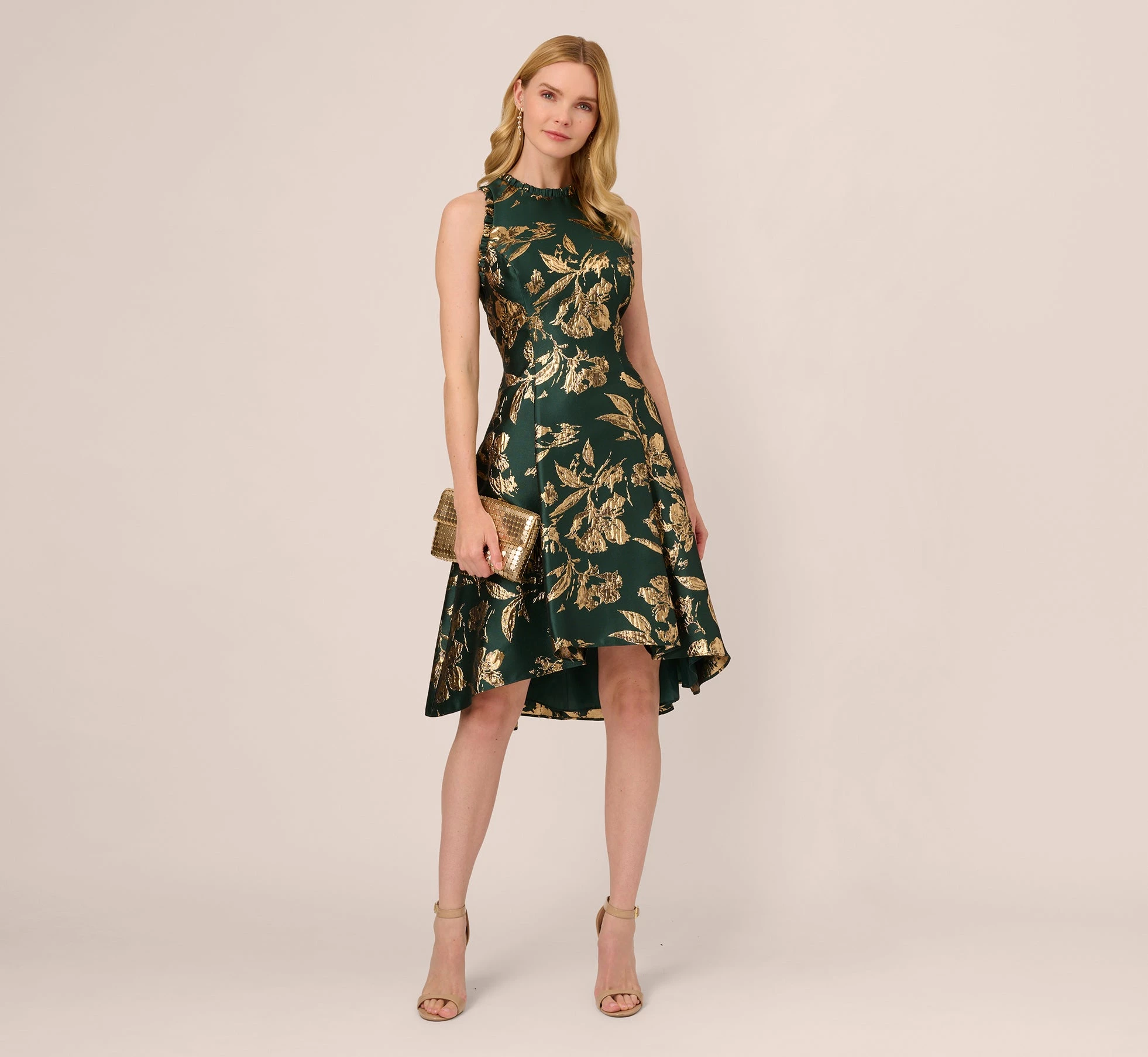 Adrianna Papell Metallic Jacquard High Low Dress With Ruffle Details In Hunter 2 Adrianna Papell Metallic Jacquard High Low Dress With Ruffle Details In Hunter - Image 2