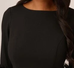 Adrianna Papell Crepe A-Line Dress With Feather-Trimmed Sleeves In Black -Adrianna Papell Shop AP1D105175 AA002 Regular Detail