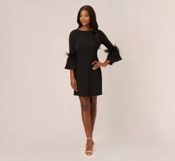 Adrianna Papell Crepe A-Line Dress With Feather-Trimmed Sleeves In Black -Adrianna Papell Shop AP1D105175 AA002 Regular Front