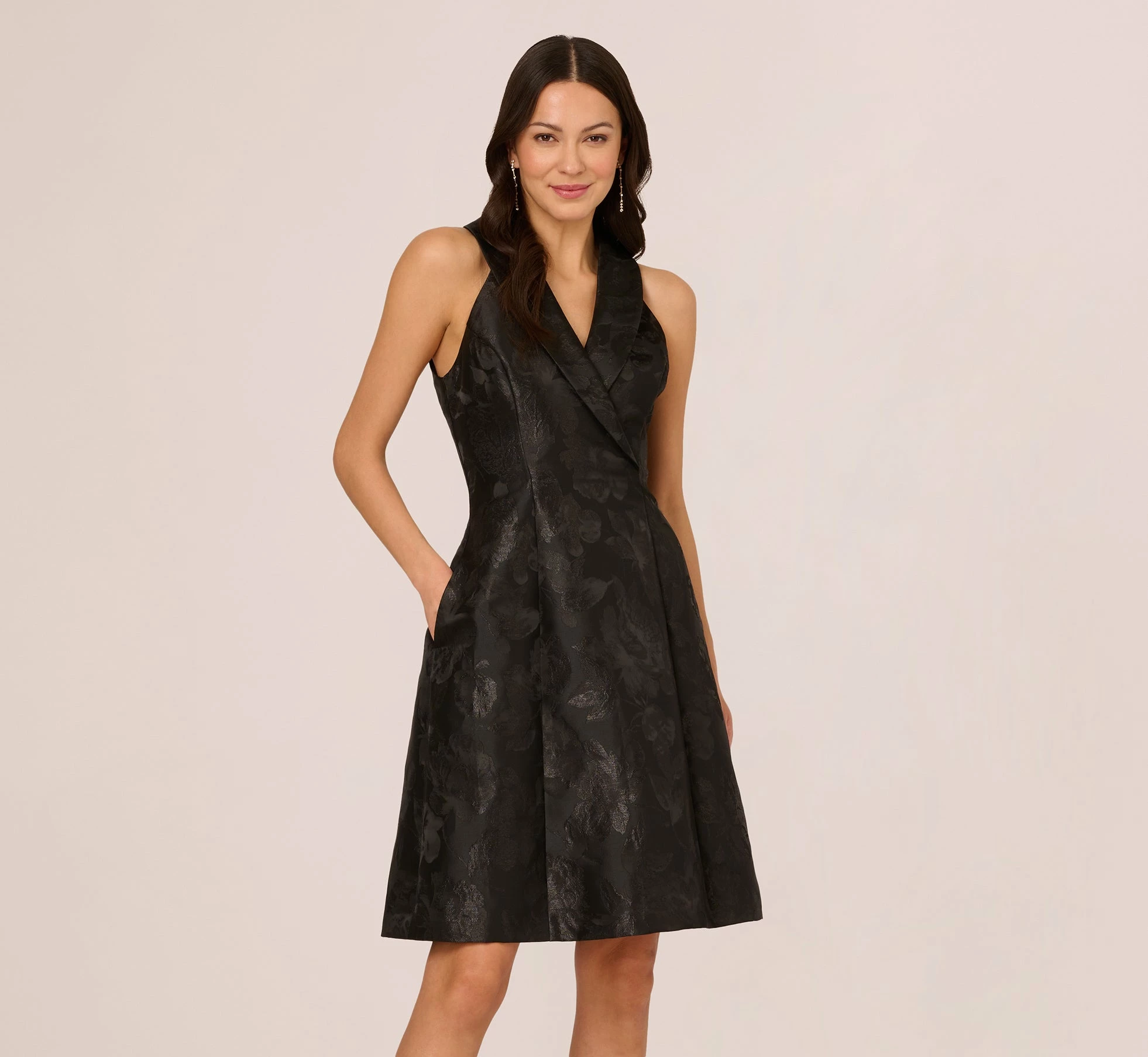 Adrianna Papell Jacquard Tuxedo Midi Dress With Surplice Neckline In Black 6 Adrianna Papell Jacquard Tuxedo Midi Dress With Surplice Neckline In Black - Image 6