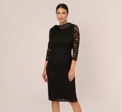 Adrianna Papell Roll Neck Lace Dress With Sheer Elbow Sleeves In Black
