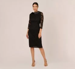 Adrianna Papell Roll Neck Lace Dress With Sheer Elbow Sleeves In Black -Adrianna Papell Shop AP1D105195 AA002 Regular Front