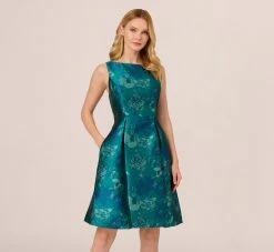 Adrianna Papell Floral Jacquard Sleeveless Midi Dress With Cutout Back In Teal Multi