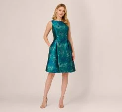 Adrianna Papell Floral Jacquard Sleeveless Midi Dress With Cutout Back In Teal Multi -Adrianna Papell Shop AP1D105203 AH090 Regular Front