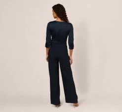 Adrianna Papell Satin Crepe Three Quarter Sleeve Jumpsuit With Buckle Waist In Dark Navy -Adrianna Papell Shop AP1D105207 AV410 Regular Back