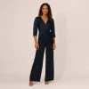Adrianna Papell Satin Crepe Three Quarter Sleeve Jumpsuit With Buckle Waist In Dark Navy
