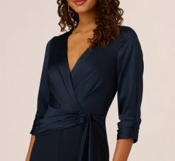 Adrianna Papell Satin Crepe Three Quarter Sleeve Jumpsuit With Buckle Waist In Dark Navy -Adrianna Papell Shop AP1D105207 AV410 Regular Detail