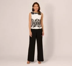 Adrianna Papell Sleeveless Peplum Jumpsuit With Scroll Lace Details In Ivory Black
