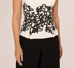 Adrianna Papell Sleeveless Peplum Jumpsuit With Scroll Lace Details In Ivory Black 8 Adrianna Papell Sleeveless Peplum Jumpsuit With Scroll Lace Details In Ivory Black -Adrianna Papell Shop AP1D105210 AA173 Regular Detail