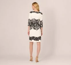 Adrianna Papell Scroll Lace Midi Dress With Three Quarter Sleeves In Ivory Black -Adrianna Papell Shop AP1D105223 AA173 Regular Back