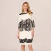 Adrianna Papell Scroll Lace Midi Dress With Three Quarter Sleeves In Ivory Black