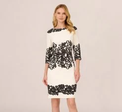 Adrianna Papell Scroll Lace Midi Dress With Three Quarter Sleeves In Ivory Black
