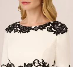 Adrianna Papell Scroll Lace Midi Dress With Three Quarter Sleeves In Ivory Black -Adrianna Papell Shop AP1D105223 AA173 Regular Detail